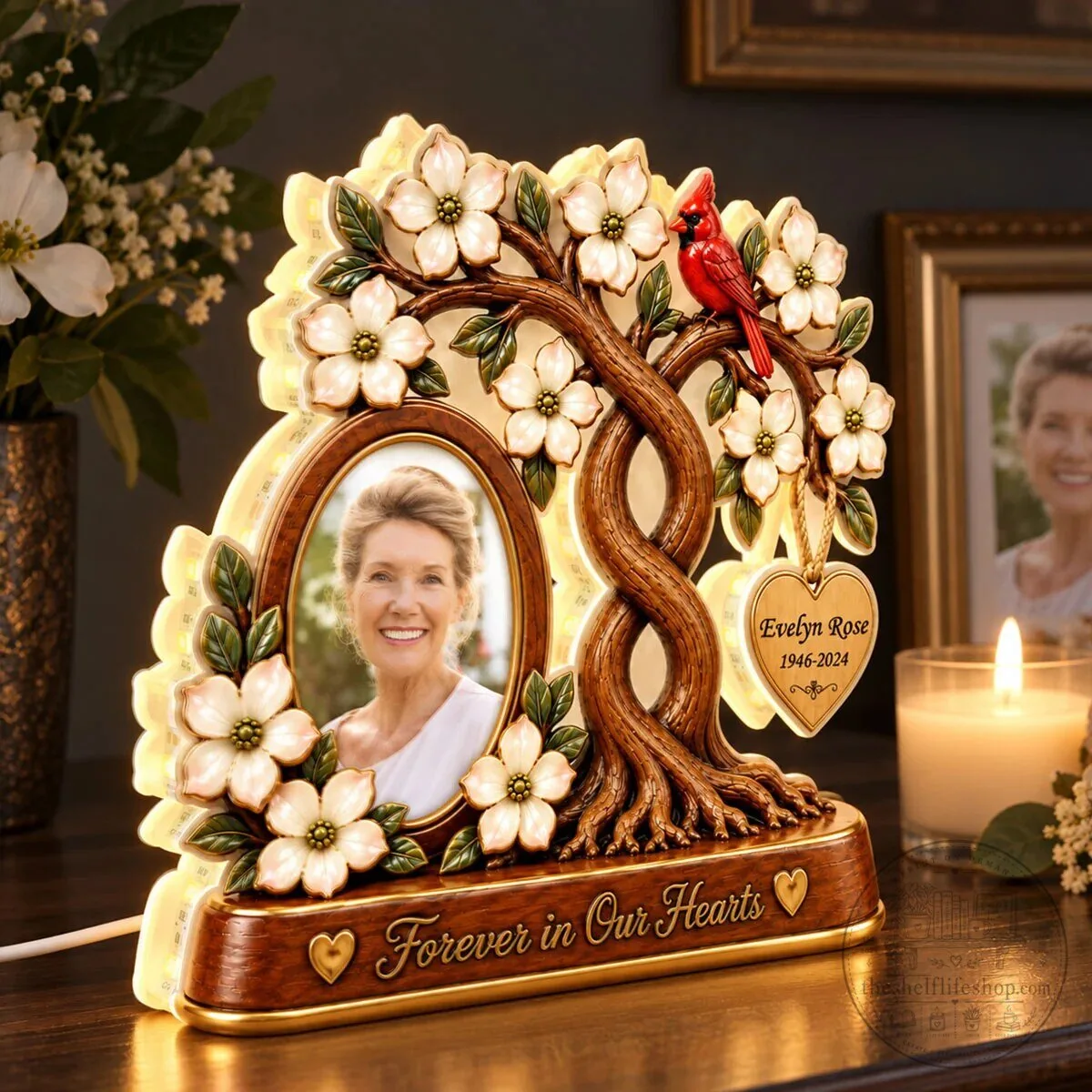 Personalized Memorial Family Tree Photo Light Box with Cardinal and Dogwood Flowers 14 Personalized Memorial Family Tree Photo Light Box with Cardinal and Dogwood Flowers