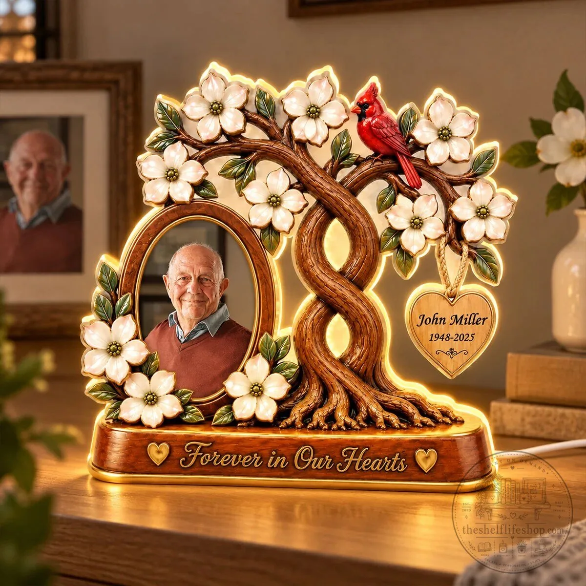 Personalized Memorial Family Tree Photo Light Box with Cardinal and Dogwood Flowers 20 Personalized Memorial Family Tree Photo Light Box with Cardinal and Dogwood Flowers