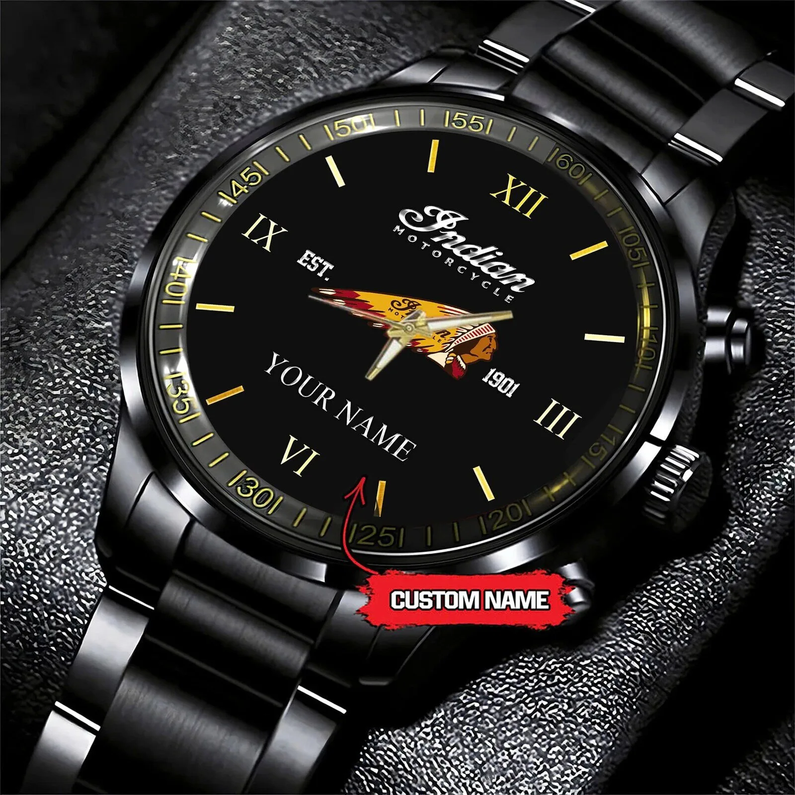 Indian Motorcycle Custom Name Black Stainless Steel Watch