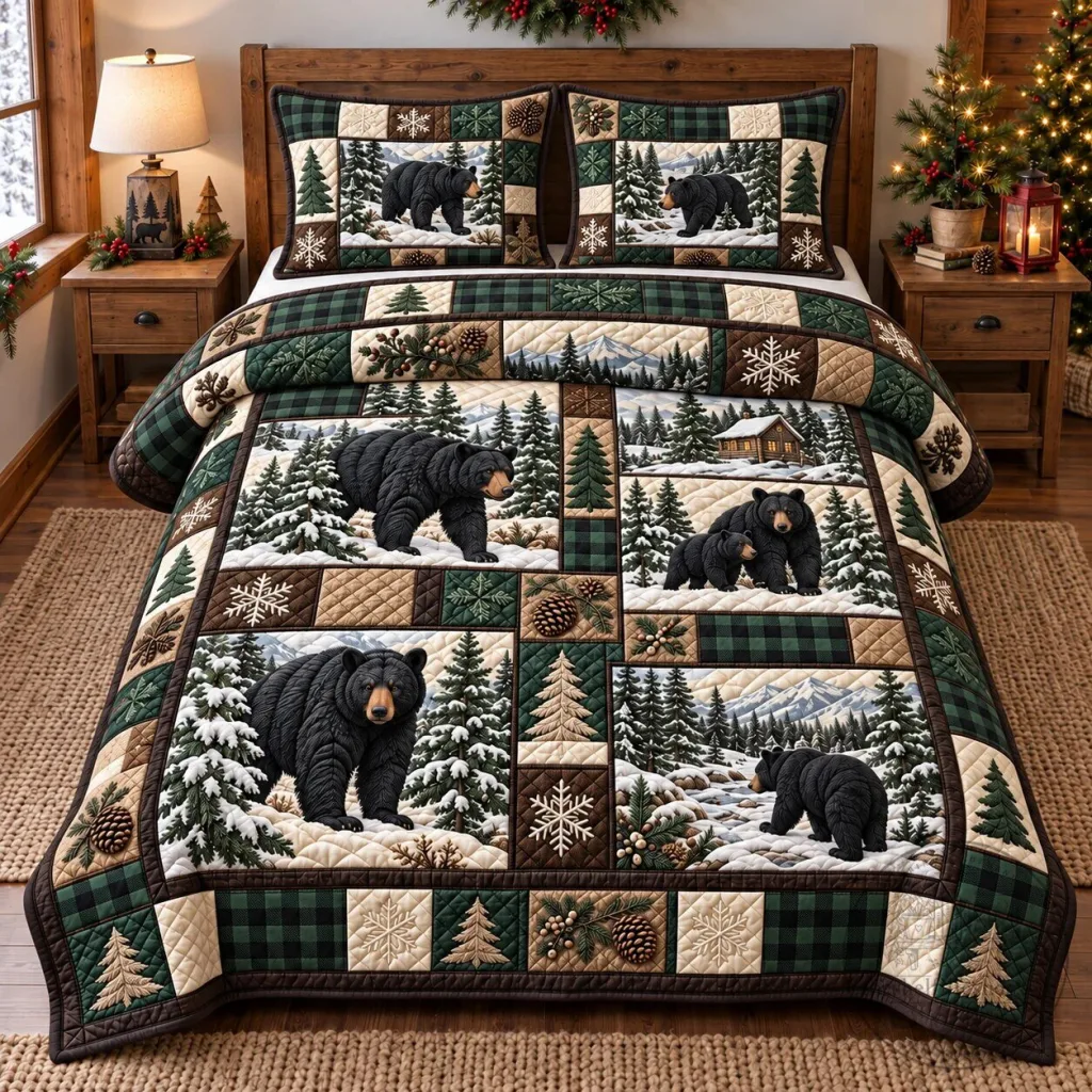 Black Bear Forest Patchwork Winter Scene Quilted Bedding Set Black Bear Forest Patchwork Winter Scene Quilted Bedding Set