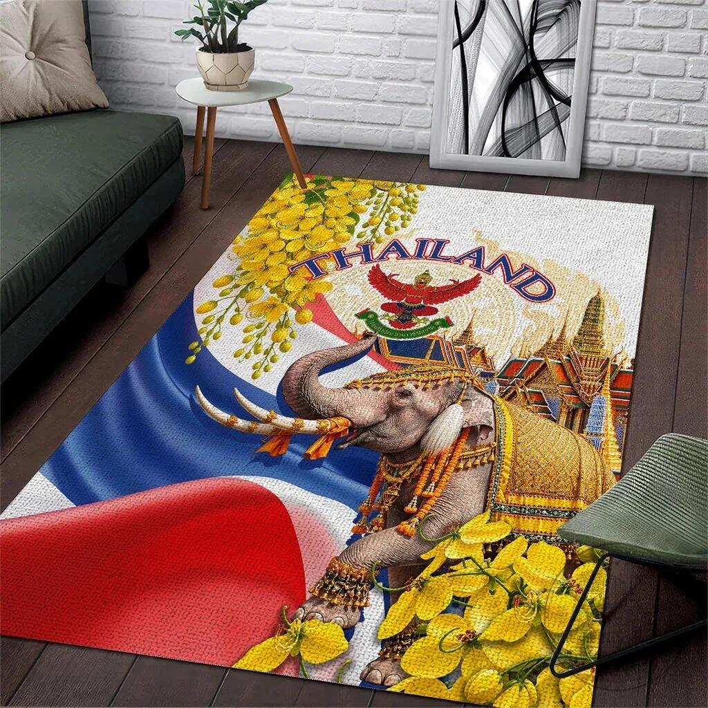Thailand Golden Elephant and Temple Thai Culture Heritage Area Rug