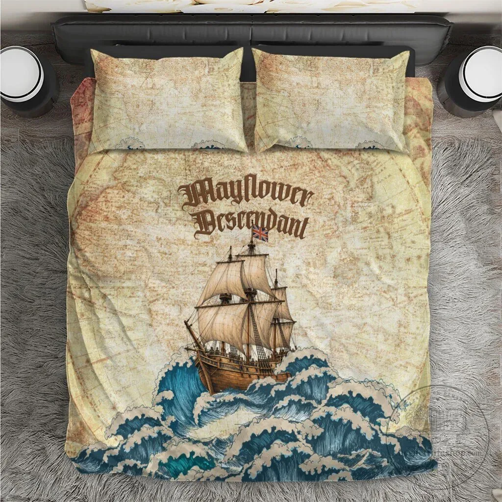 Mayflower Descendant Ship Vintage Nautical Map Ocean Waves Bedding Set