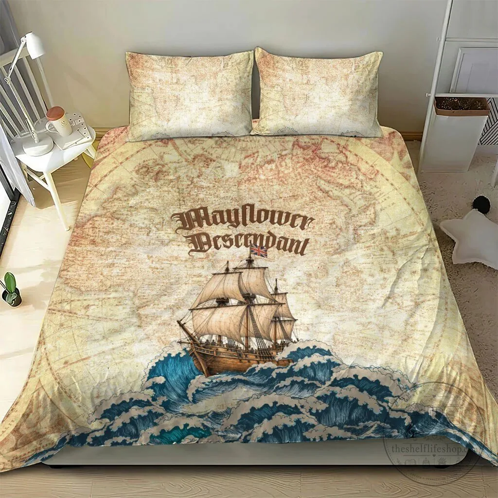 Mayflower Descendant Ship Vintage Nautical Map Ocean Waves Bedding Set 14 Mayflower Descendant Ship Vintage Nautical Map Ocean Waves Bedding Set