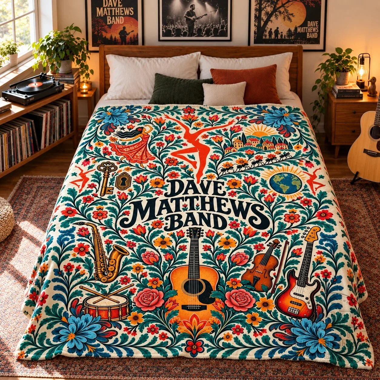 Dave Matthews Band Folk Art Fire Dancer Music Instruments Sherpa Blanket