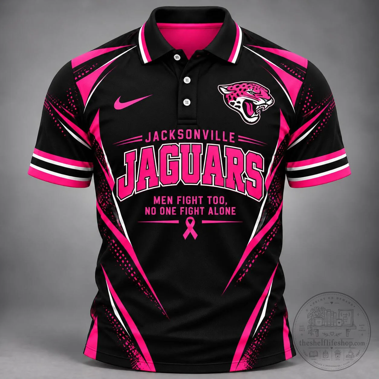 Jacksonville Jaguars Men Fight Too No One Fights Alone Breast Cancer Awareness Polo Shirt