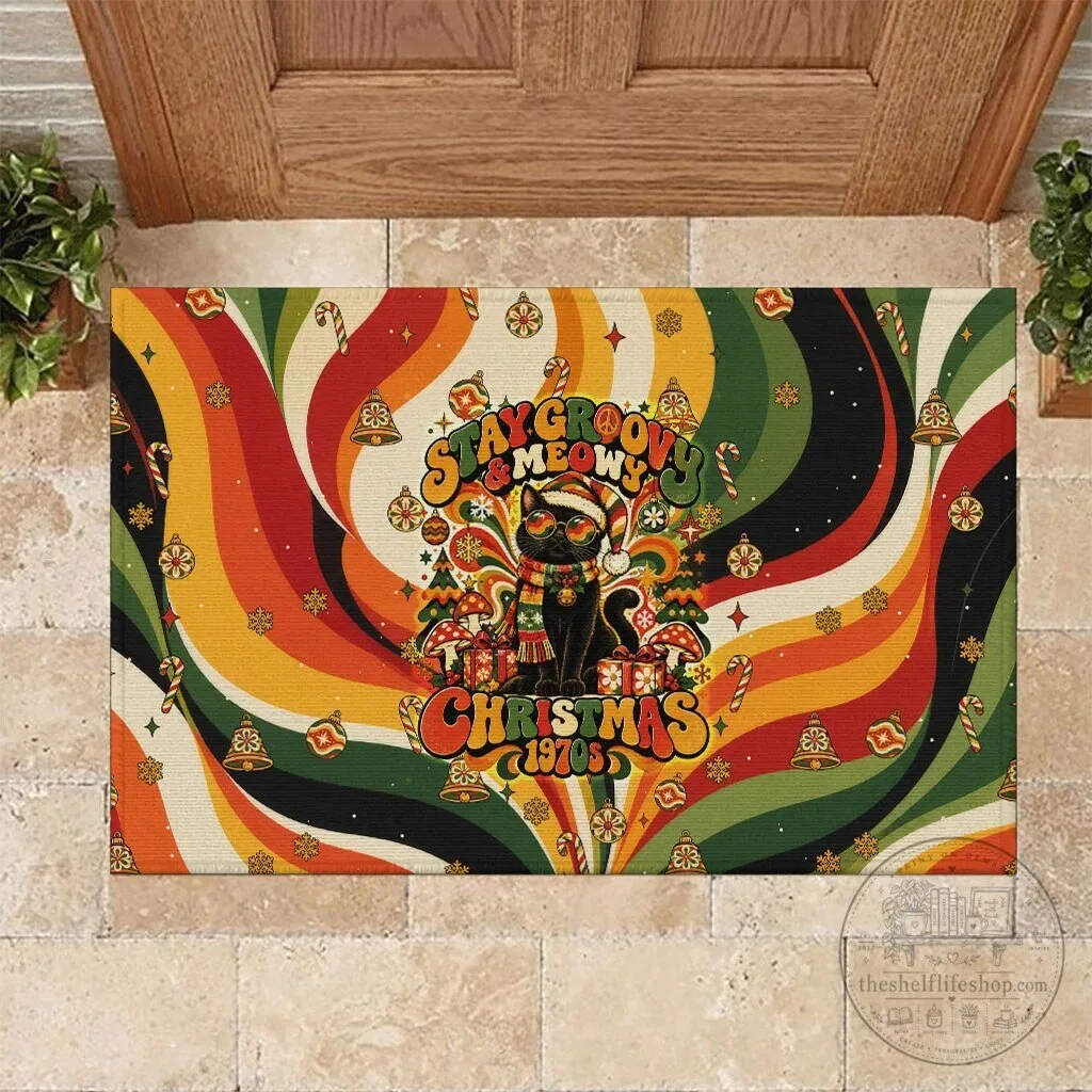 Stay Groovy Meowy Christmas Black Cat Vintage 70s Retro Holiday Doormat