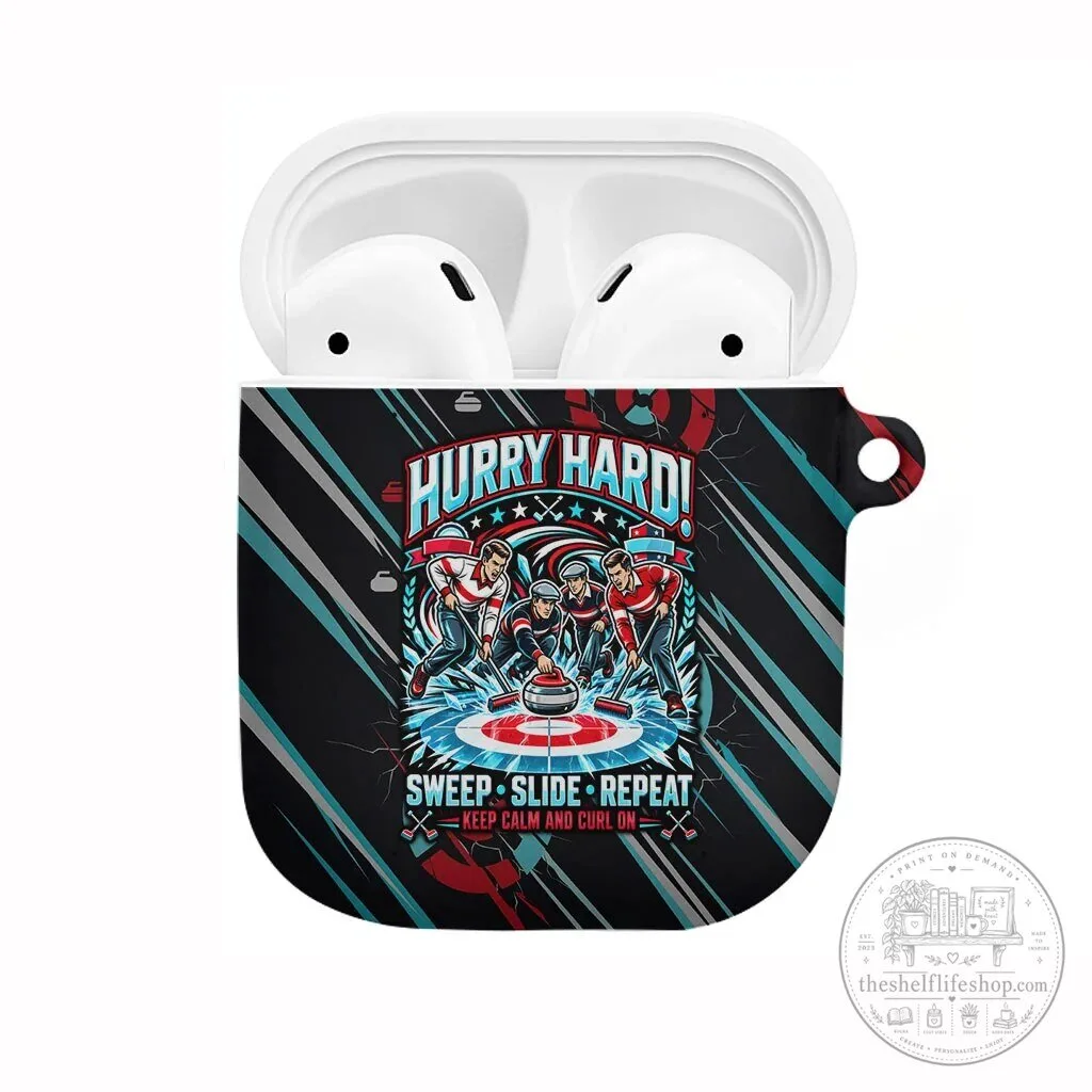 Curling My House My Rules Hurry Hard AirPods Case Vintage Retro Curling Sweep Slide Repeat Sports Quote