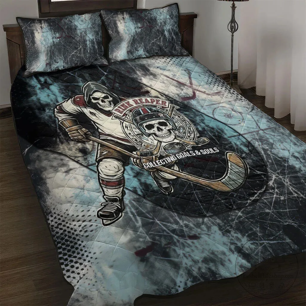 Ice Hockey Rink Reaper Grim Reaper Skeleton Quilt Bedding Set with Pillow Shams