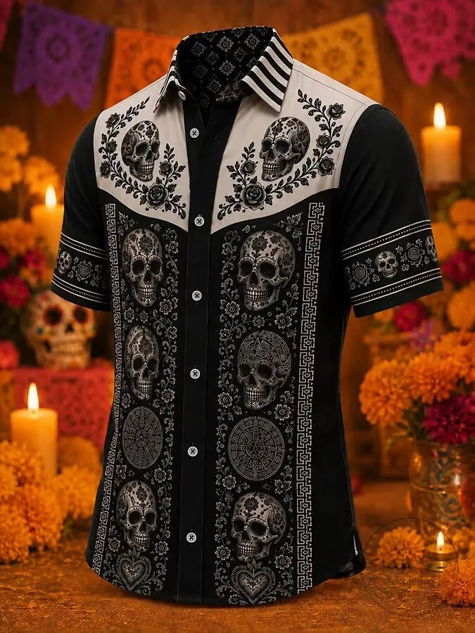 Day of the Dead Floral Skull Art Print Short Sleeve Button Down Hawaiian Shirt