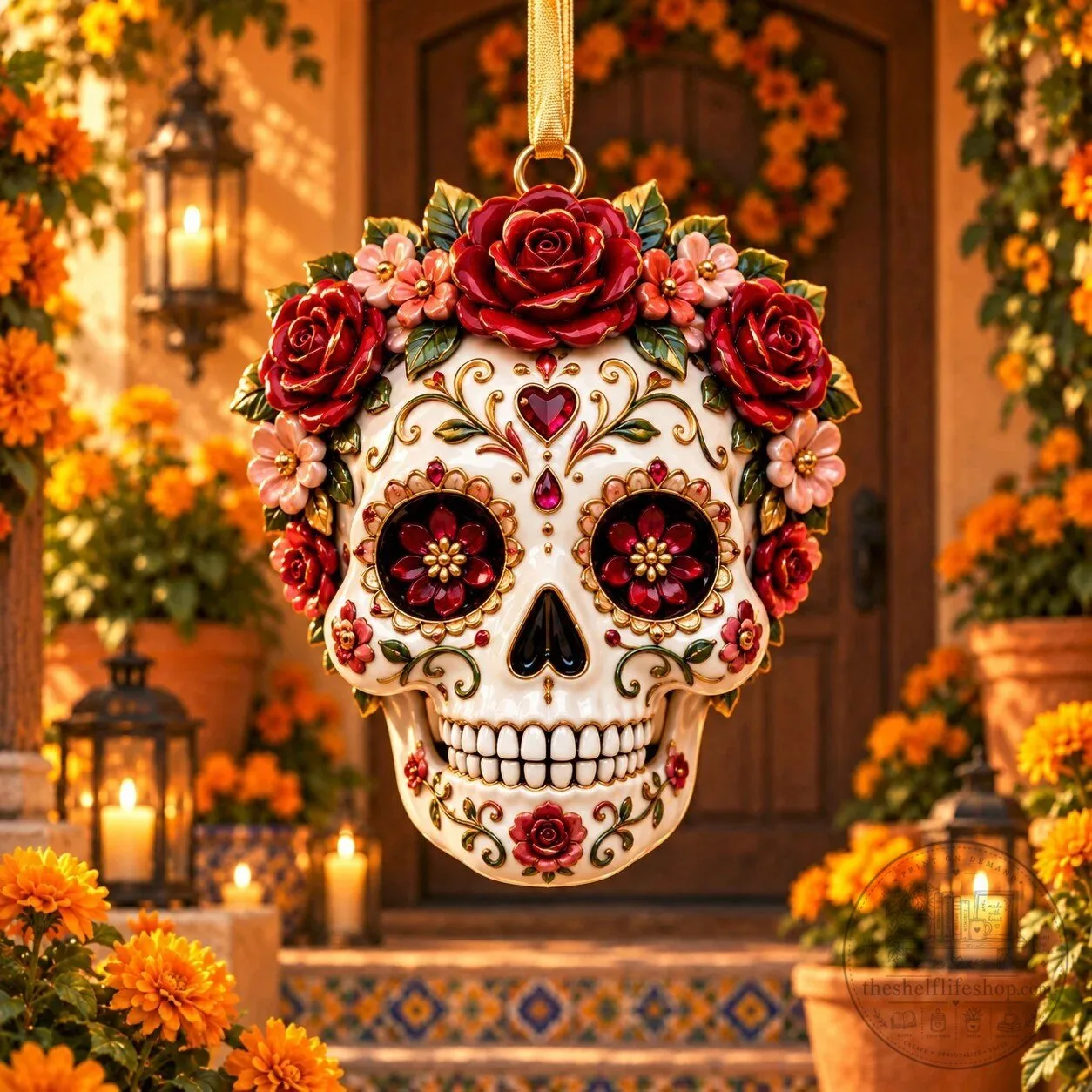 Day of the Dead Sugar Skull Ornament with Crimson Roses and Floral Crown