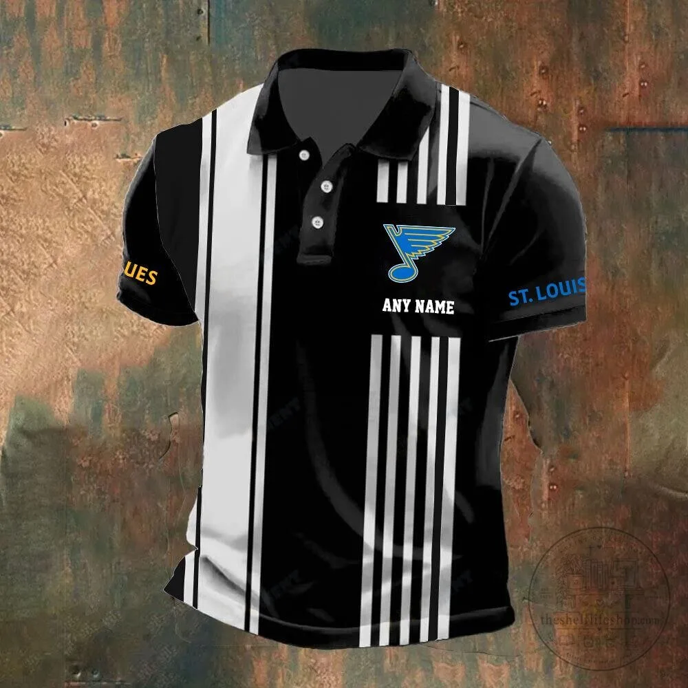 St. Louis Blues Personalized Striped Black and White Polo Shirt