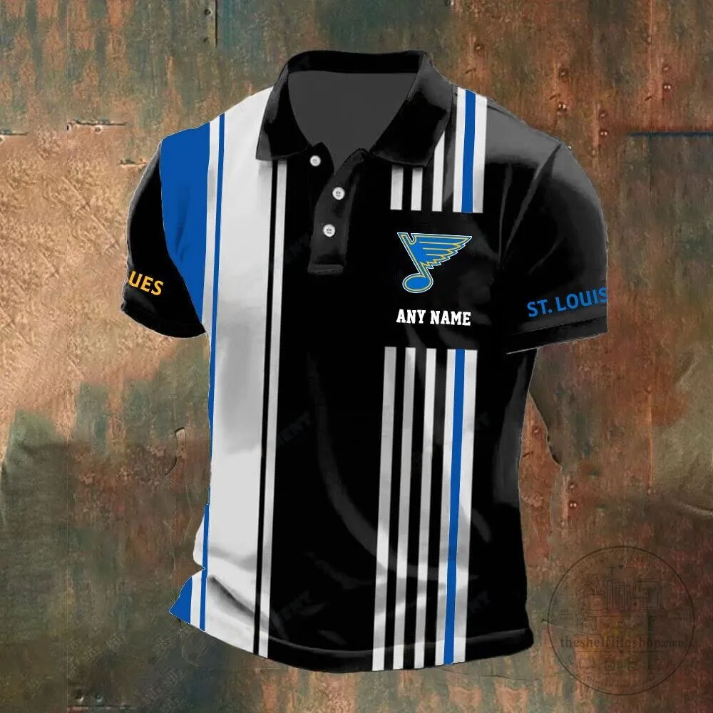 St. Louis Blues Personalized Striped Black and White Polo Shirt 12 St. Louis Blues Personalized Striped Black and White Polo Shirt