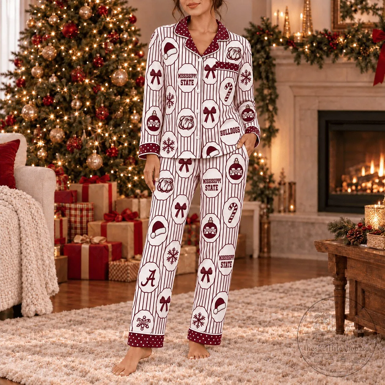 Mississippi State Bulldogs Christmas Holiday Button Up Pajamas Set 2 Mississippi State Bulldogs Christmas Holiday Button Up Pajamas Set