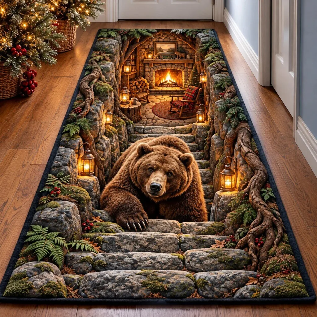 Grizzly Bear Cabin Cozy Fireplace Forest Woodland Nature Hallway Runner Rug Grizzly Bear Cabin Cozy Fireplace Forest Woodland Nature Hallway Runner Rug