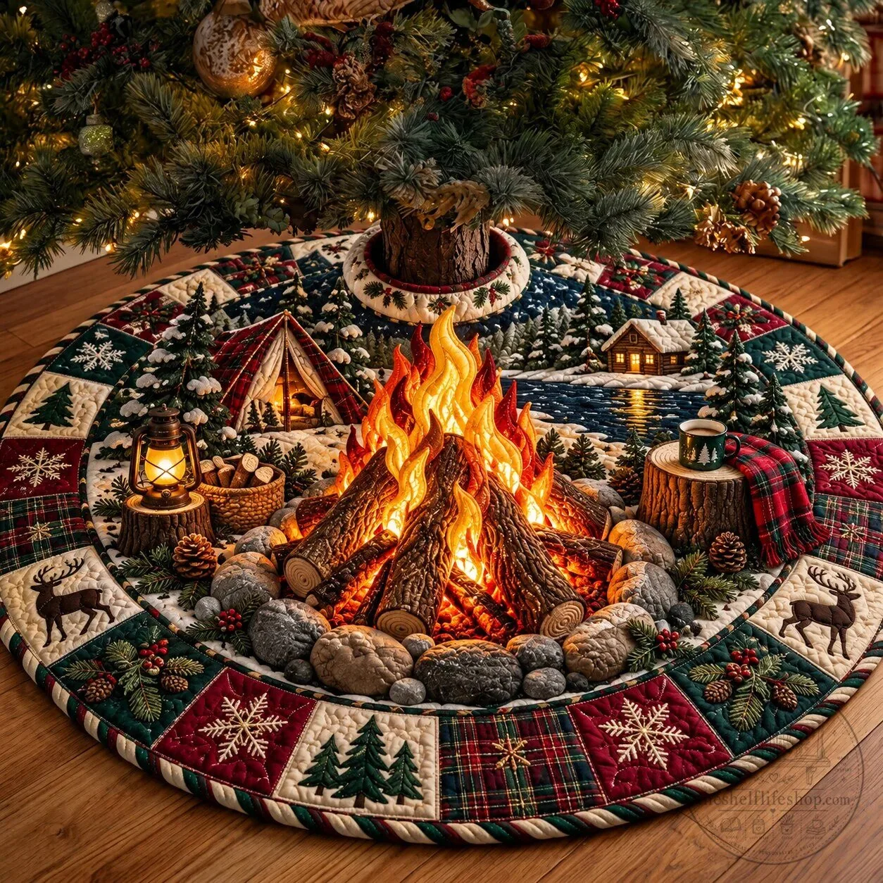 Christmas Forest Campfire Quilted Tree Skirt