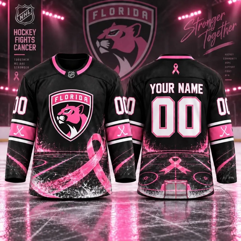 Florida Panthers Hockey Fights Cancer Personalized Pink Ribbon Hockey Jersey
