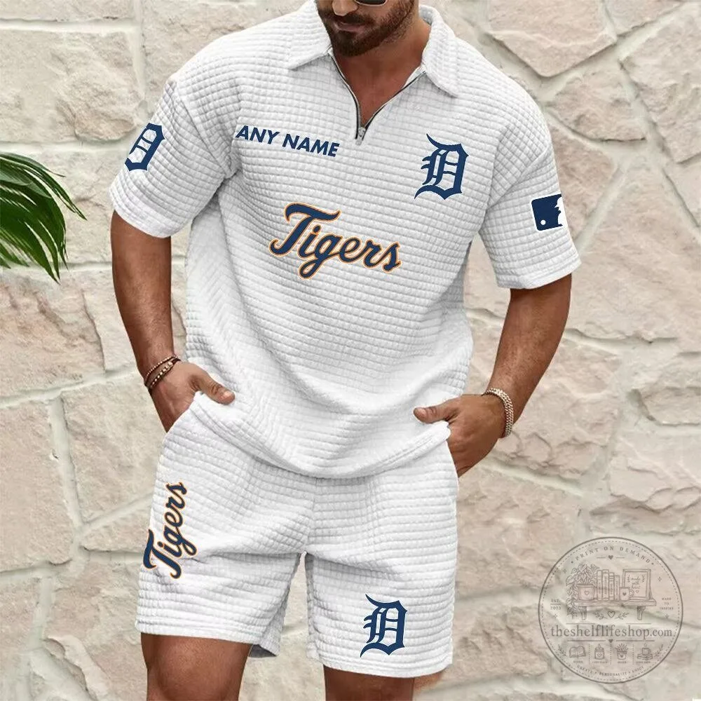 Detroit Tigers Personalized Name Waffle Knit Zip Polo Shirt and Shorts Set