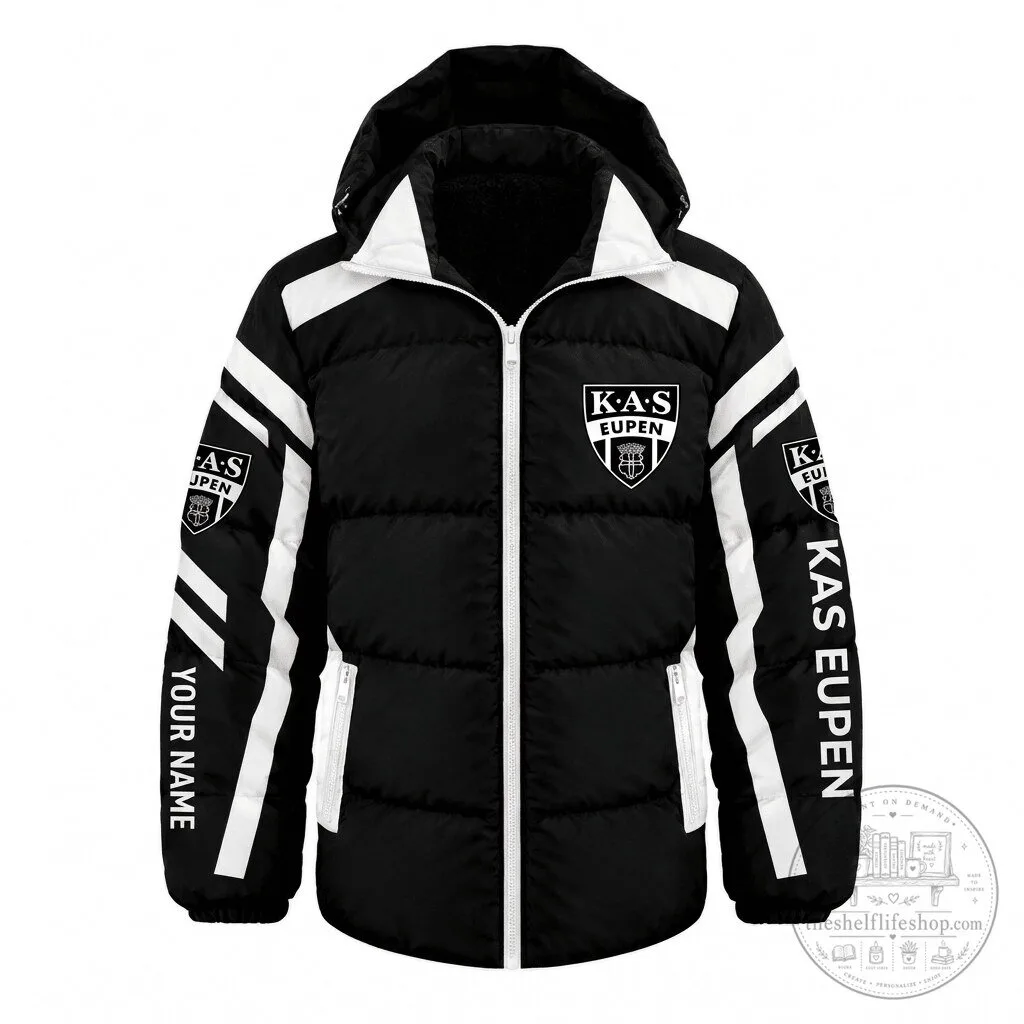 KAS Eupen Belgian Pro League Black and White Striped Puffer Jacket