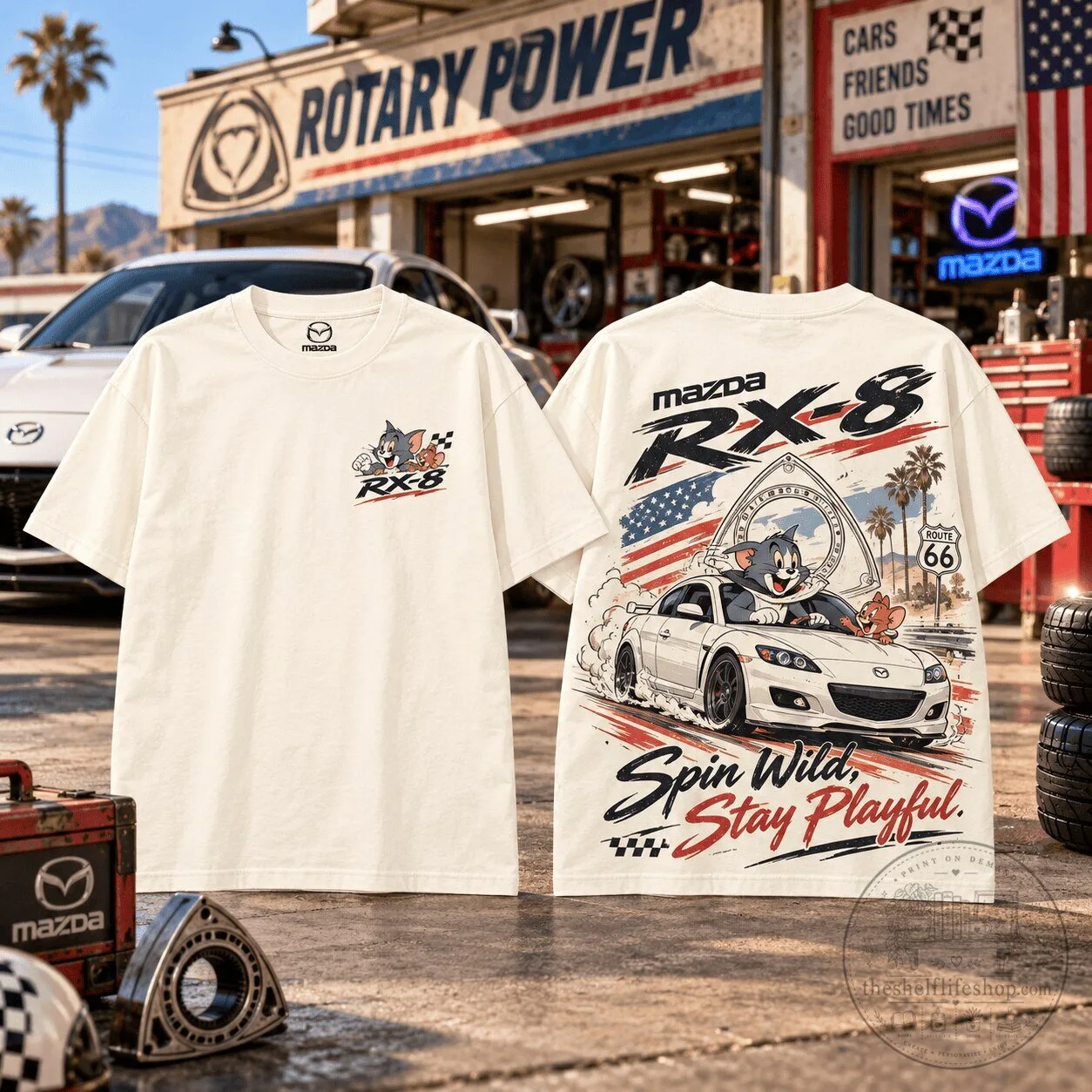 Mazda RX-8 Tom and Jerry Spin Wild Stay Playful Graphic T-Shirt
