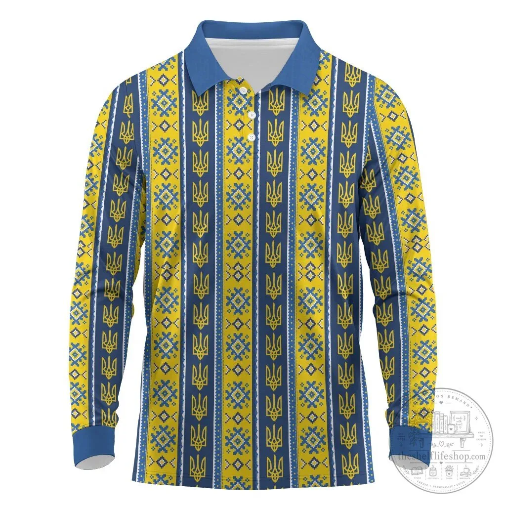 Ukrainian Trident Pattern Blue and Yellow Long Sleeve Polo Shirt