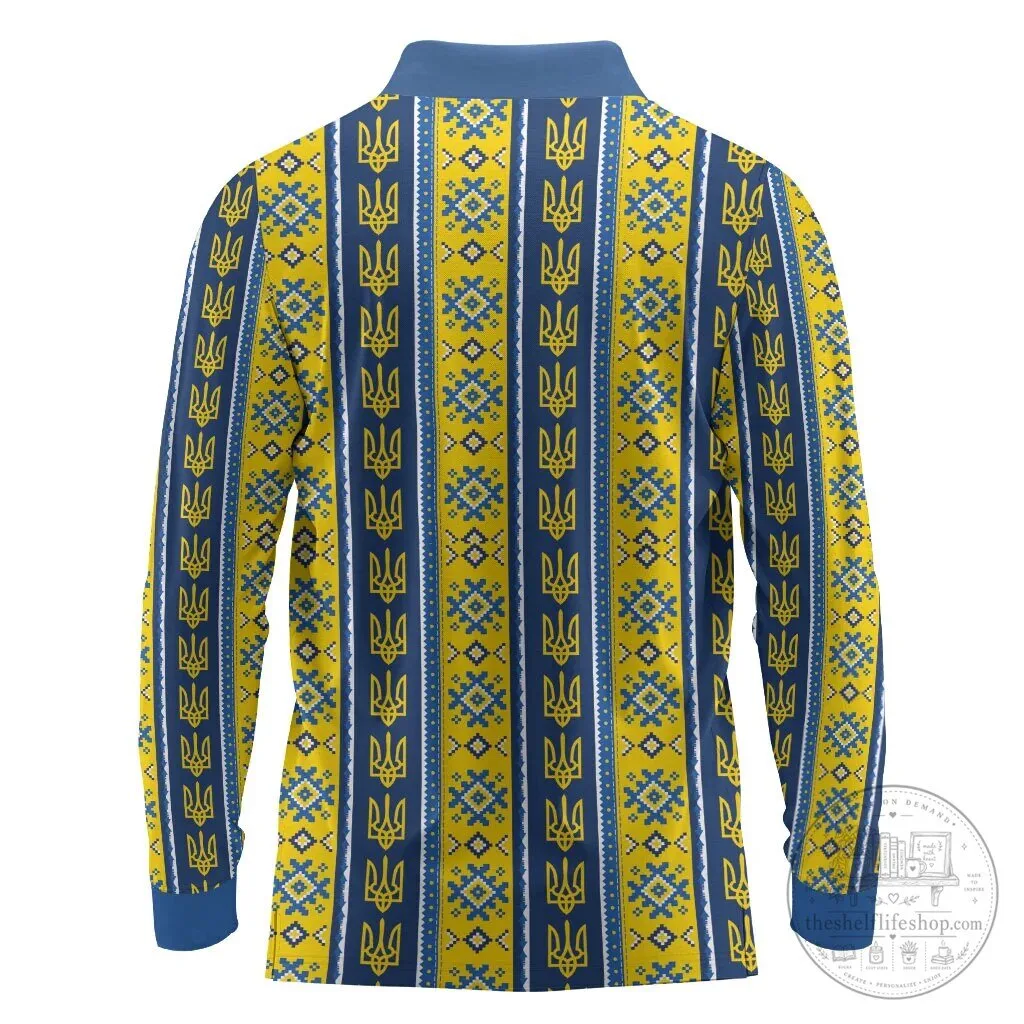 Ukrainian Trident Pattern Blue and Yellow Long Sleeve Polo Shirt 9 Ukrainian Trident Pattern Blue and Yellow Long Sleeve Polo Shirt