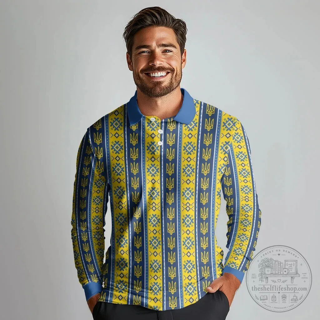 Ukrainian Trident Pattern Blue and Yellow Long Sleeve Polo Shirt 10 Ukrainian Trident Pattern Blue and Yellow Long Sleeve Polo Shirt