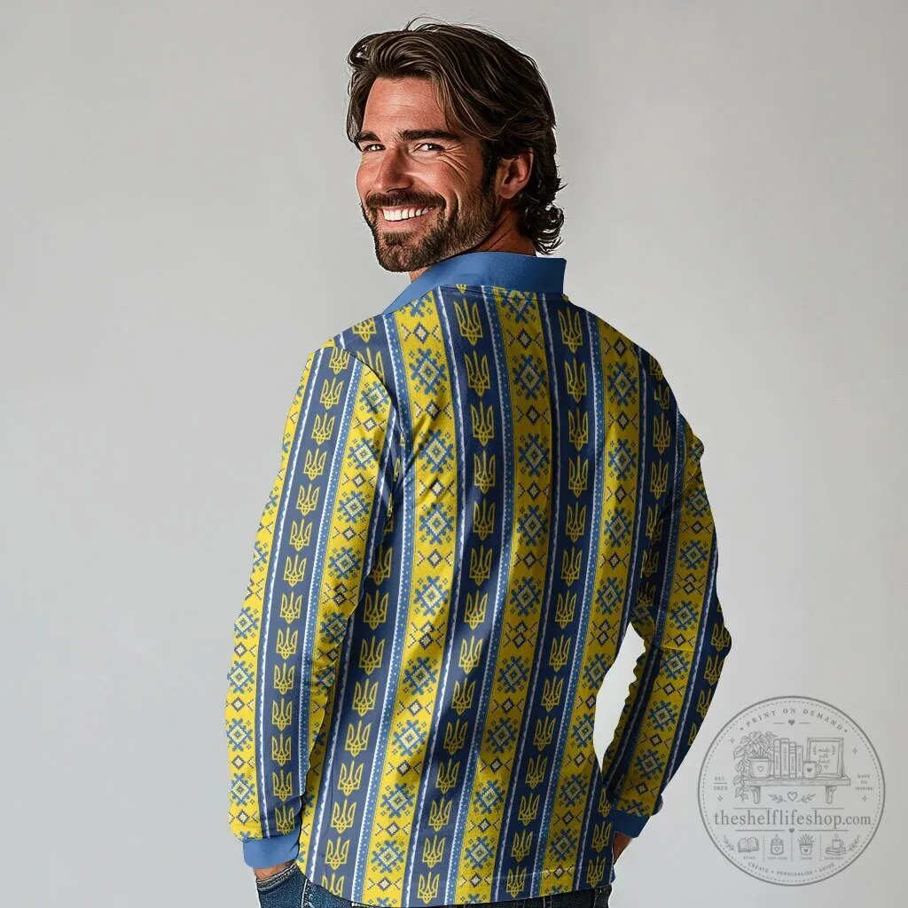 Ukrainian Trident Pattern Blue and Yellow Long Sleeve Polo Shirt 11 Ukrainian Trident Pattern Blue and Yellow Long Sleeve Polo Shirt