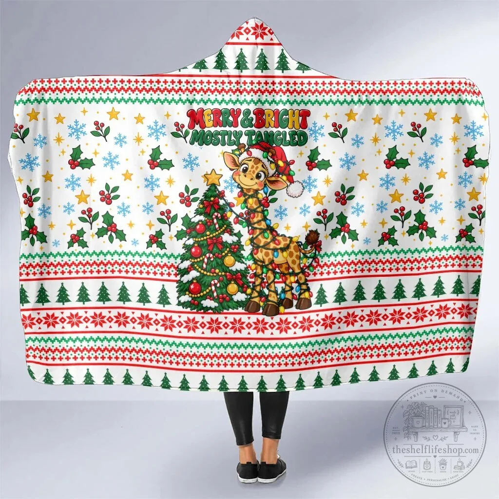 Merry and Bright Mostly Tangled Christmas Giraffe Lights Hooded Blanket