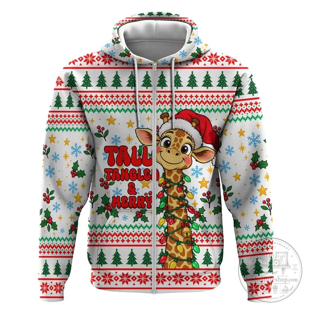 Cute Christmas Giraffe Lights Zip Hoodie Funny Tall Tangled Animal Hoodie