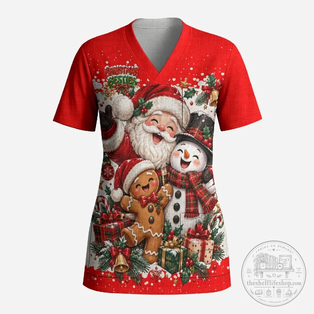 Christmas Besties Santa Snowman Gingerbread Festive Holiday Scrub Top