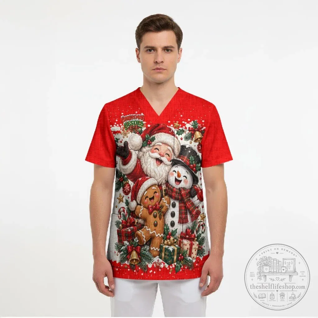 Christmas Besties Santa Snowman Gingerbread Festive Holiday Scrub Top 9 Christmas Besties Santa Snowman Gingerbread Festive Holiday Scrub Top