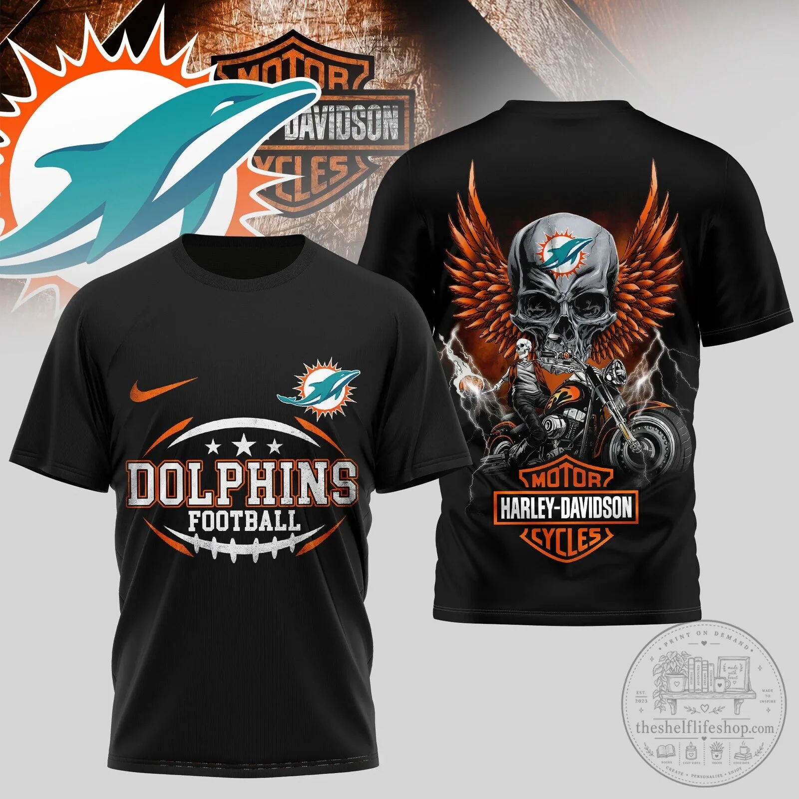 Miami Dolphins Harley Davidson Skull Rider Graphic T-Shirt