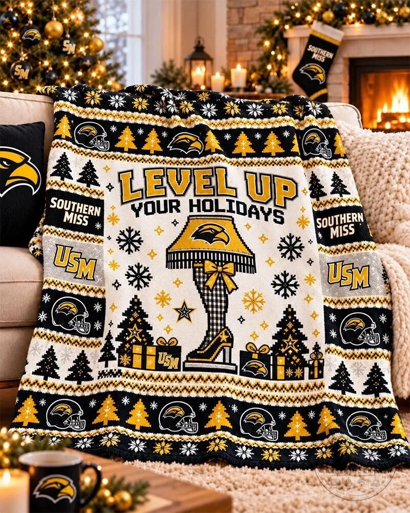 Southern Miss Golden Eagles Christmas Level Up Your Holidays Flannel Blanket