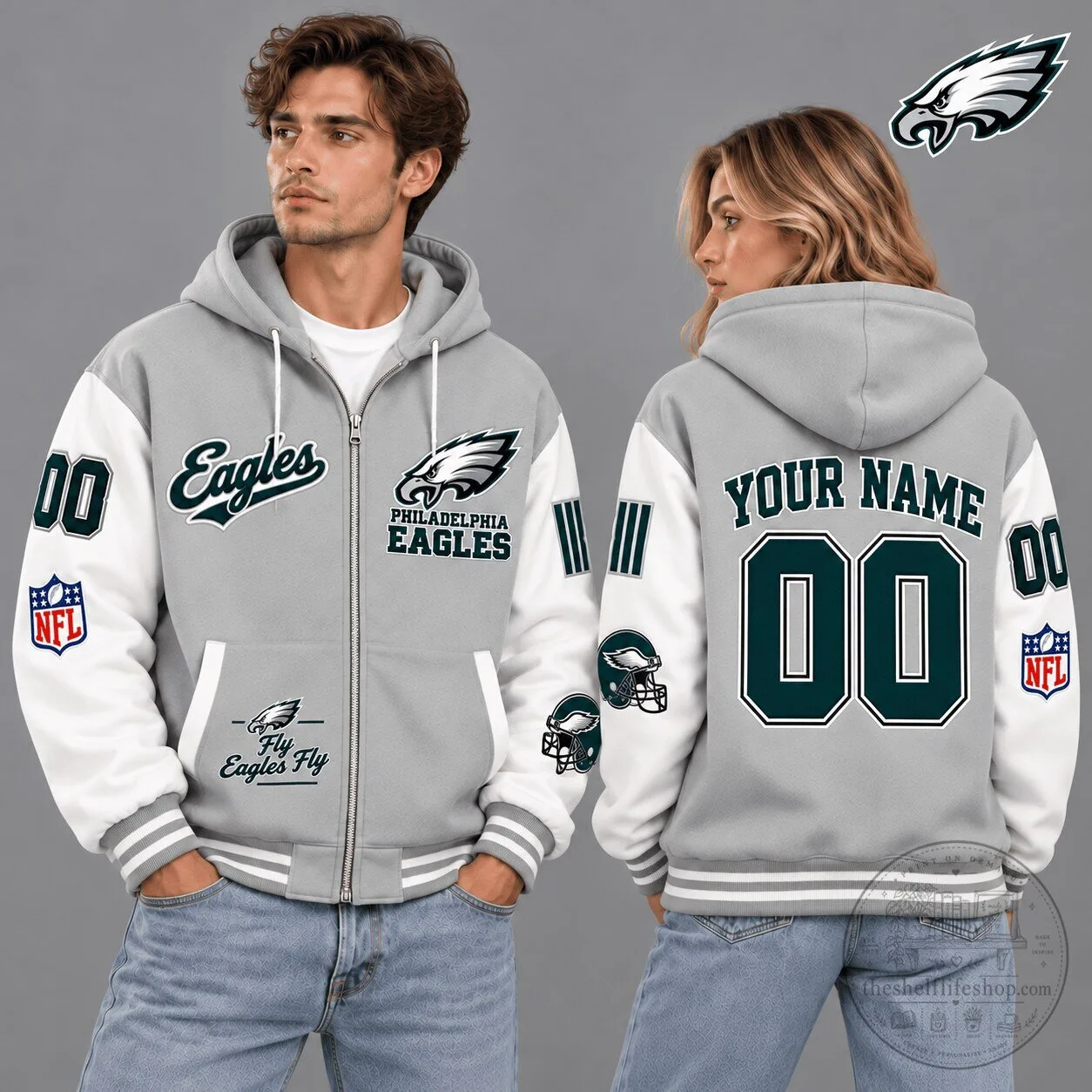 Philadelphia Eagles NFL Vintage Varsity Gray Custom Name Number Full-Zip Hoodie 2 Philadelphia Eagles NFL Vintage Varsity Gray Custom Name Number Full-Zip Hoodie