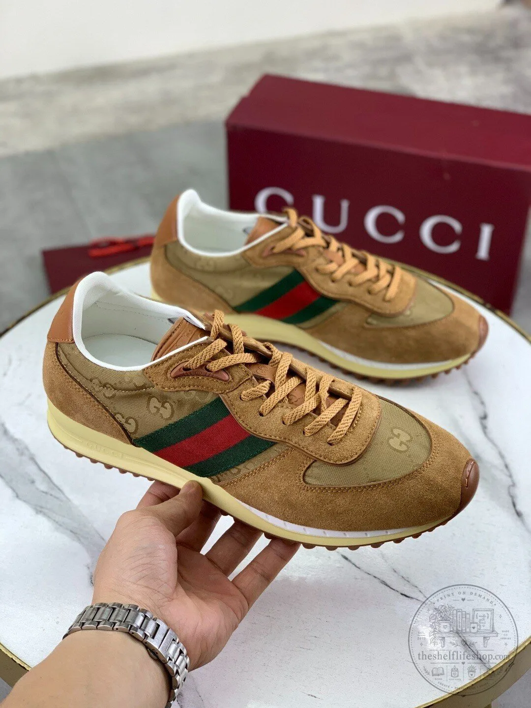 Gucci Brown Suede and Canvas Striped Fashion Sneakers for Men