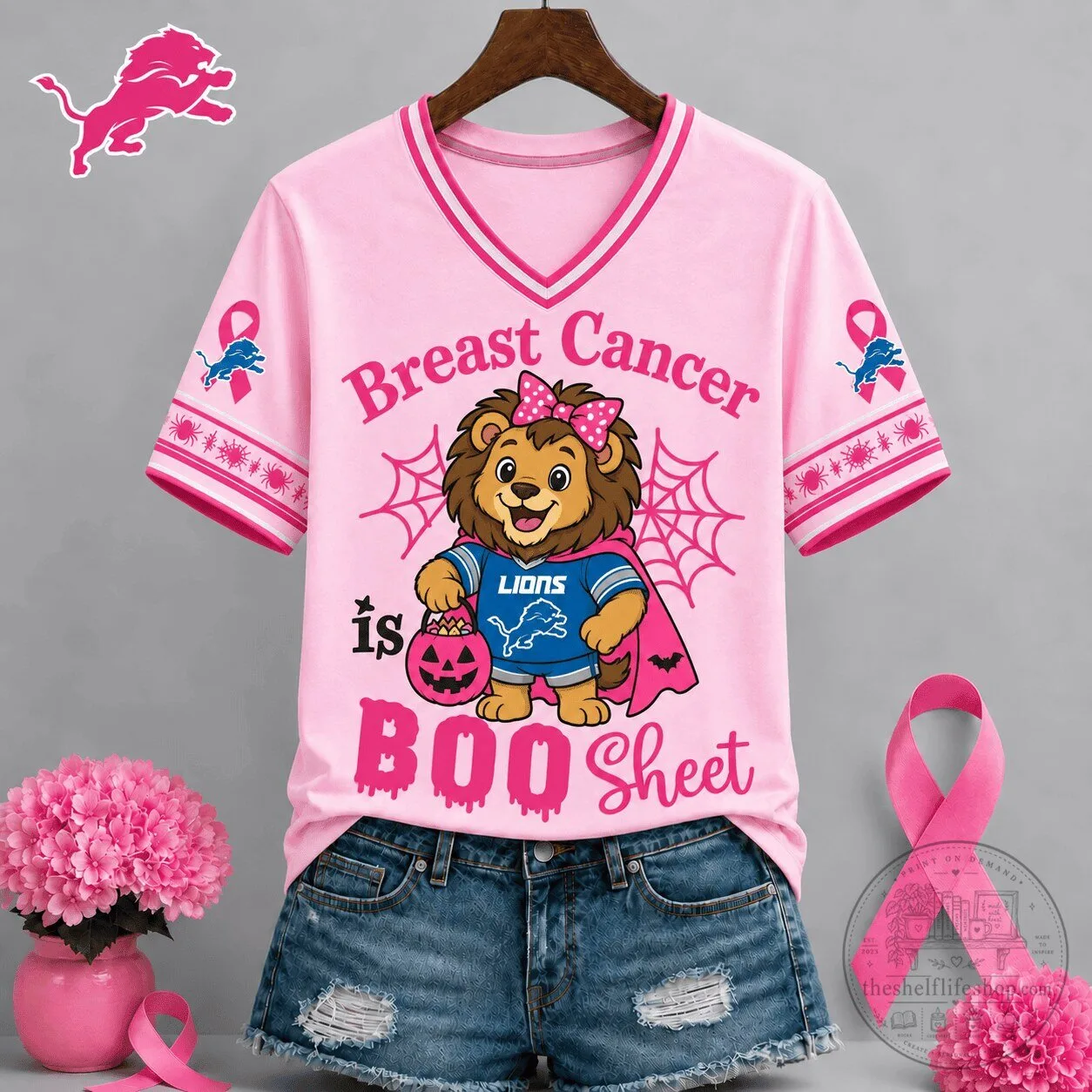 Detroit Lions Breast Cancer Awareness Boo Sheet Halloween V-Neck T-Shirt
