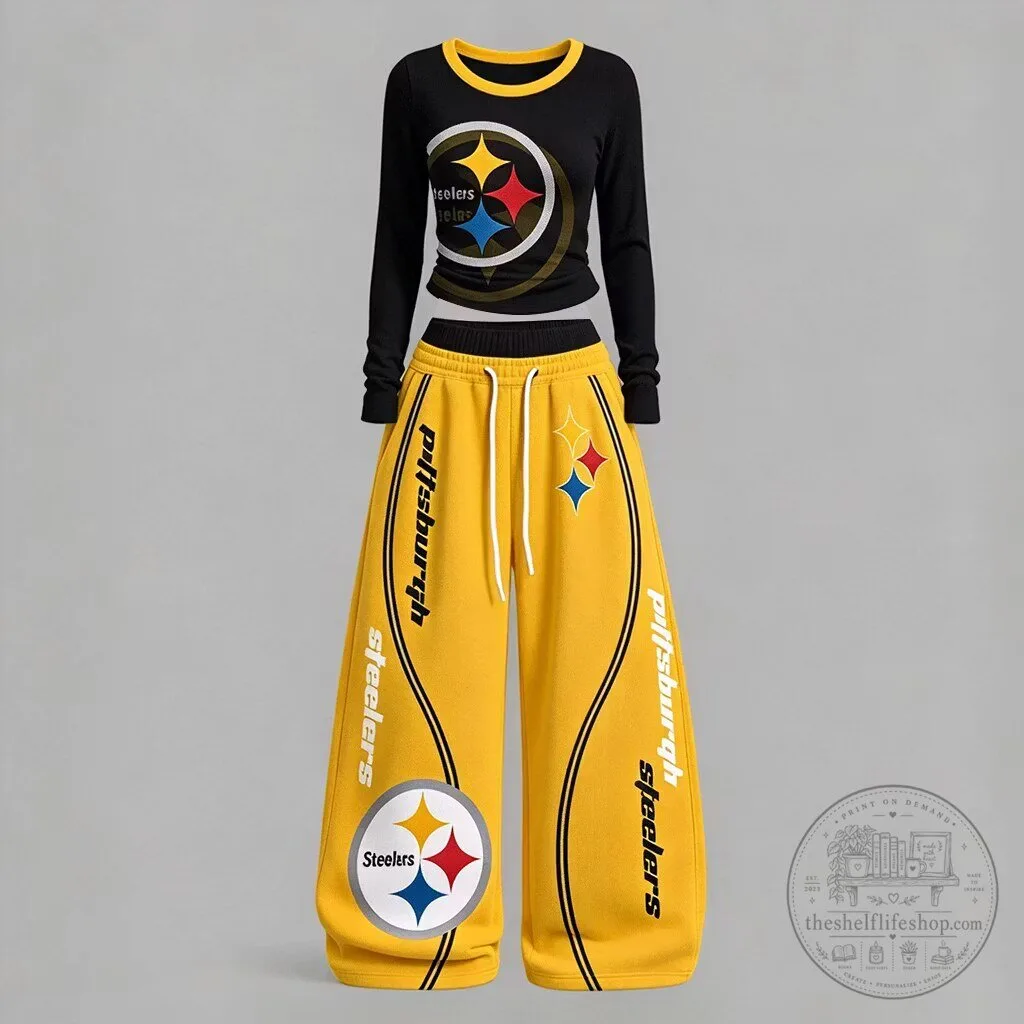 Pittsburgh Steelers Women's Long Sleeve Shirt and Wide Leg Pants Set 5 Pittsburgh Steelers Women