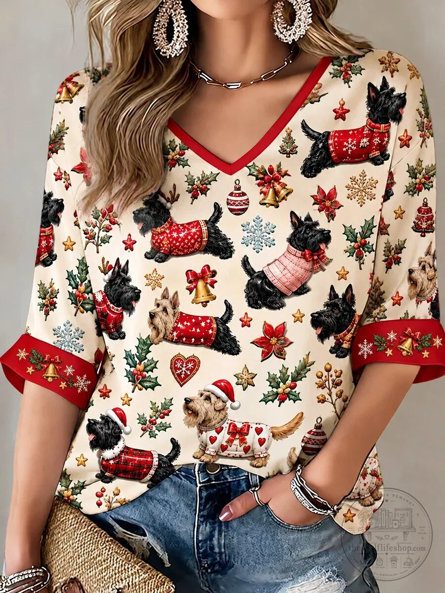 Scottish Terrier Christmas Holiday Pattern V-Neck Women's T-Shirt
