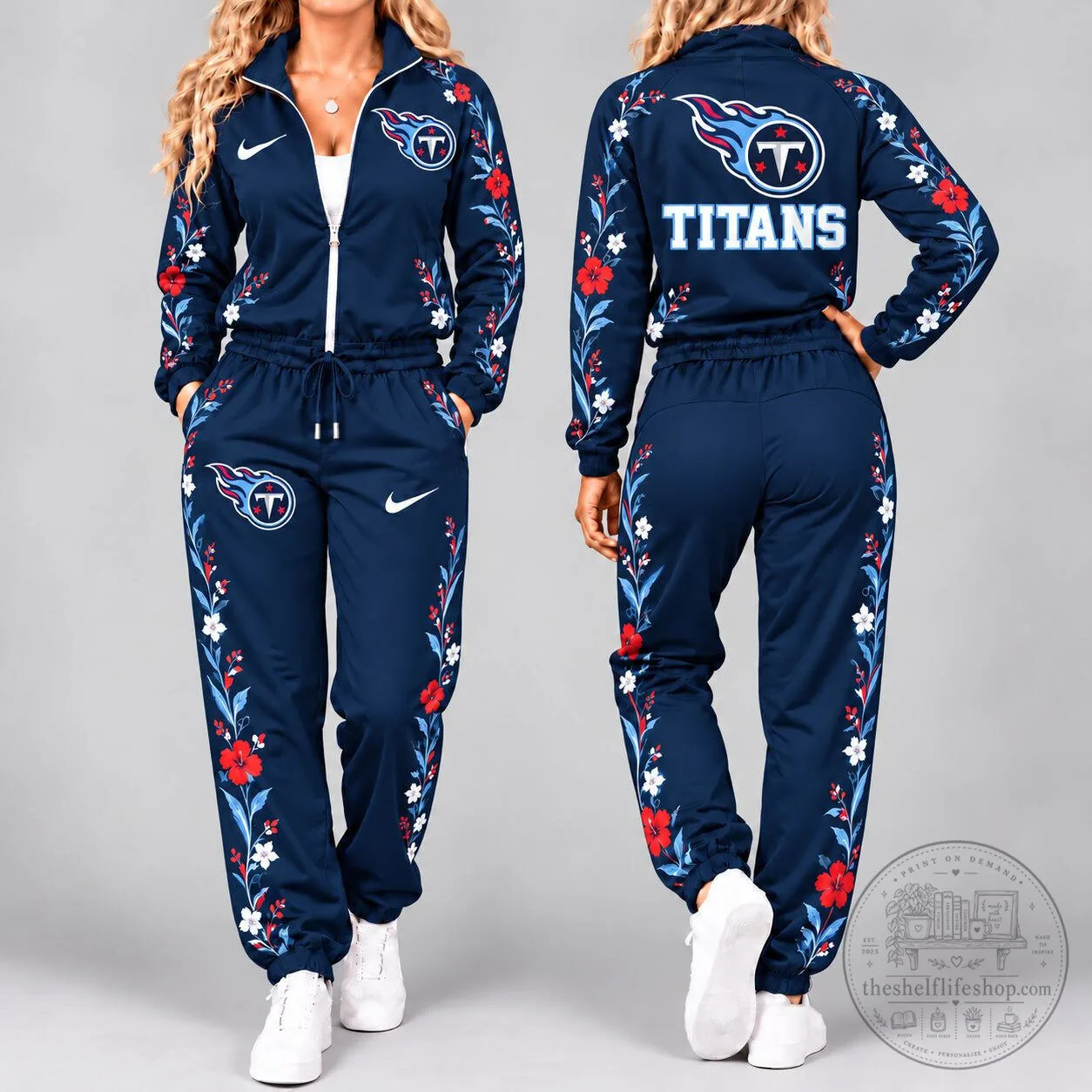 Tennessee Titans Floral Print Navy Blue Full Zip Tracksuit Set 1 Tennessee Titans Floral Print Navy Blue Full Zip Tracksuit Set
