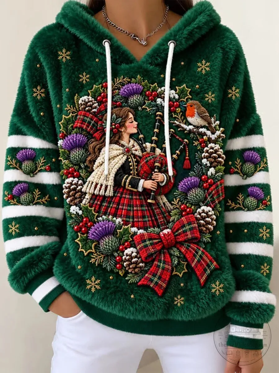 Scottish Christmas Bagpiper Woman and Robin Bird Green Fluffy Hoodie 5 Scottish Christmas Bagpiper Woman and Robin Bird Green Fluffy Hoodie