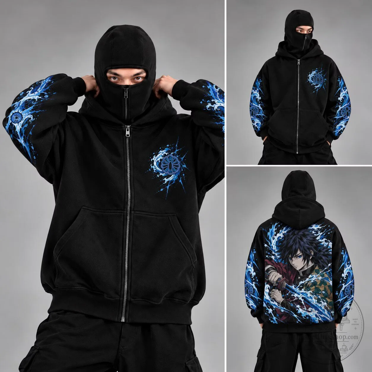 Demon Slayer Giyu Tomioka Water Hashira Black Zip-Up Hoodie