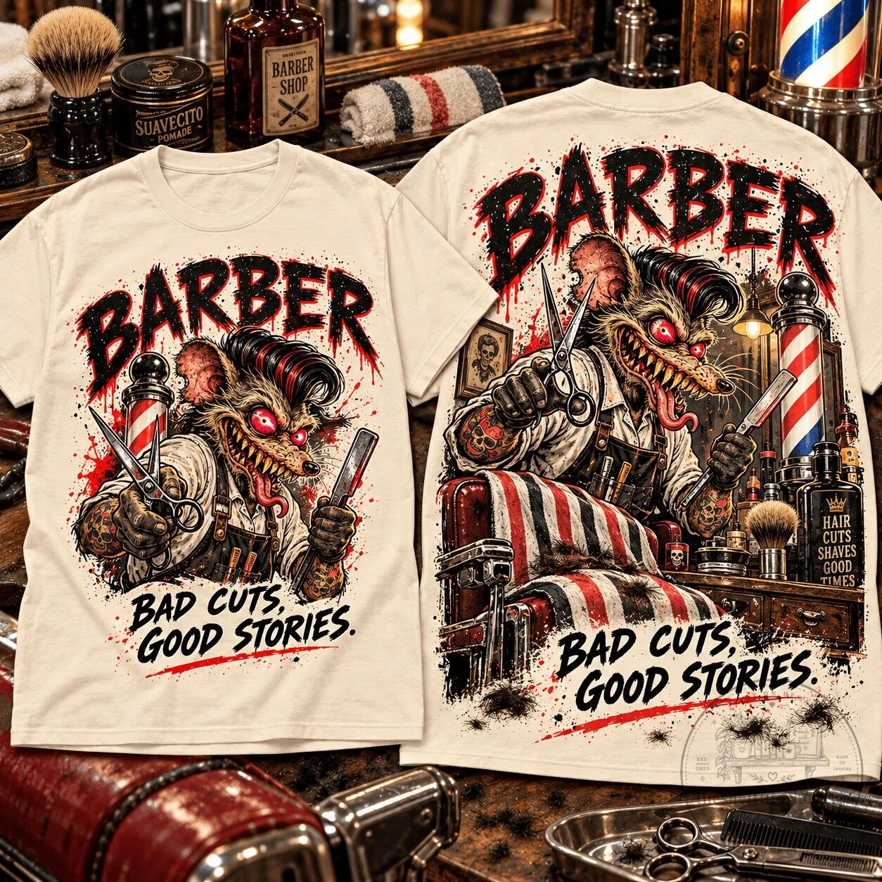 Rat Fink Barber Bad Cuts Good Stories Graphic T-Shirt 1 Rat Fink Barber Bad Cuts Good Stories Graphic T-Shirt