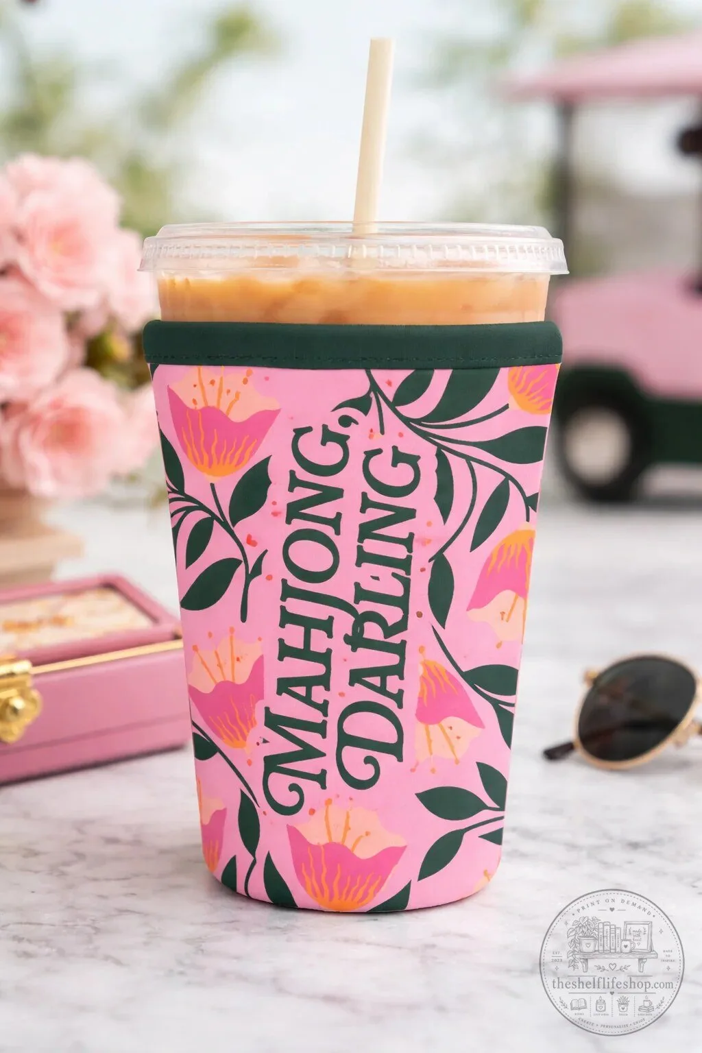 Mahjong Darling Floral Pink Iced Coffee Drink Sleeve Insulator