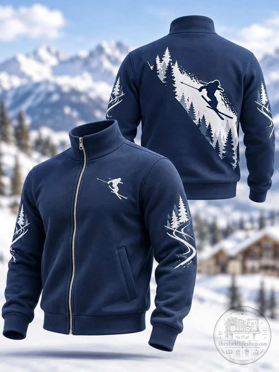 Skiing Winter Sports Mountain Landscape Full Zip Sweatshirt Jacket