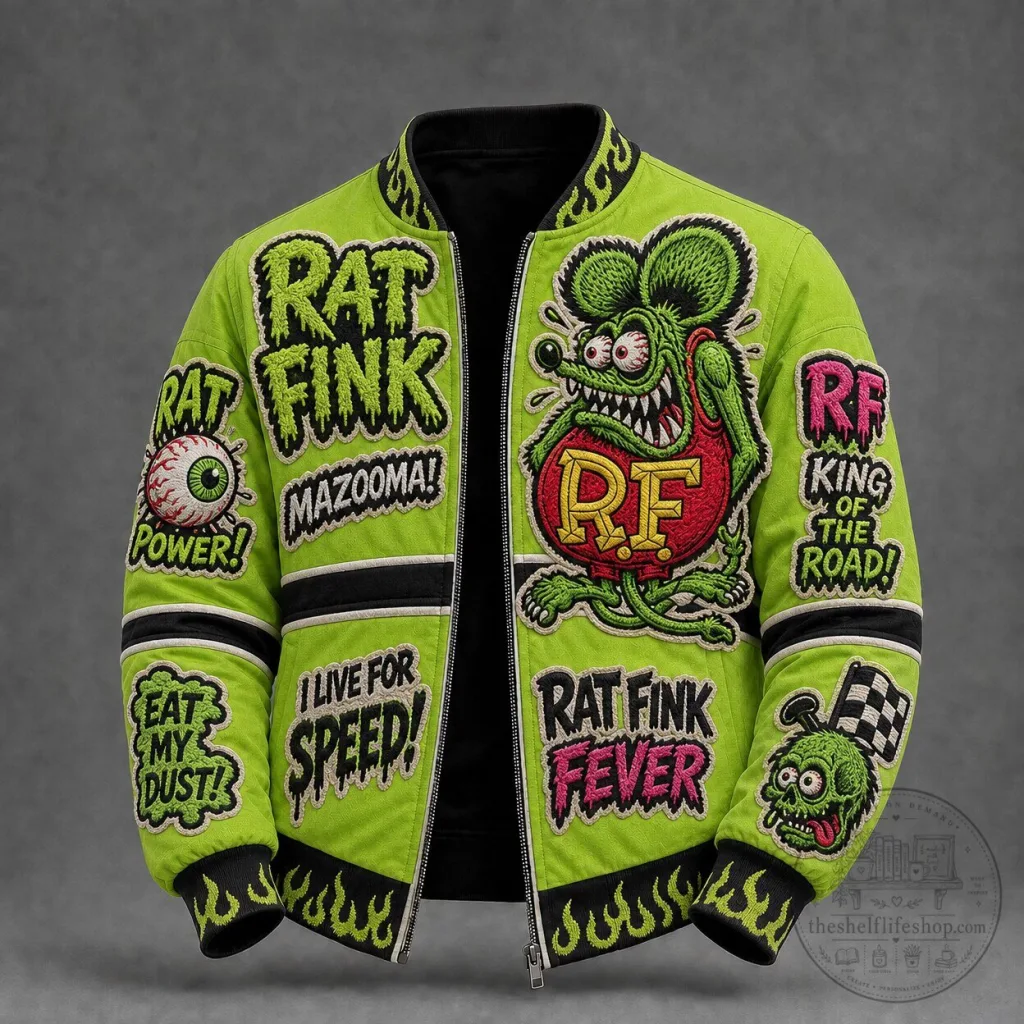 Rat Fink Hot Rod Streetwear Green Bomber Jacket with Embroidered Patches Rat Fink Hot Rod Streetwear Green Bomber Jacket with Embroidered Patches