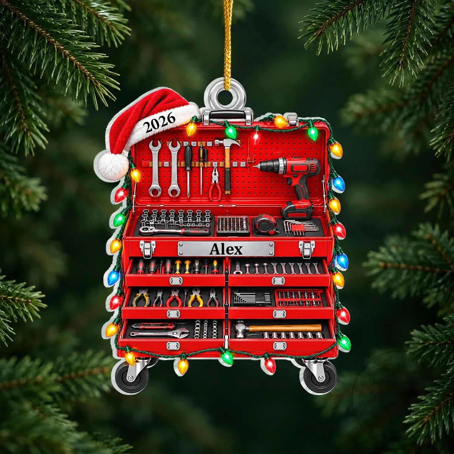 Personalized Red Tool Box Christmas Tree Ornament with Santa Hat and Lights 9 Personalized Red Tool Box Christmas Tree Ornament with Santa Hat and Lights