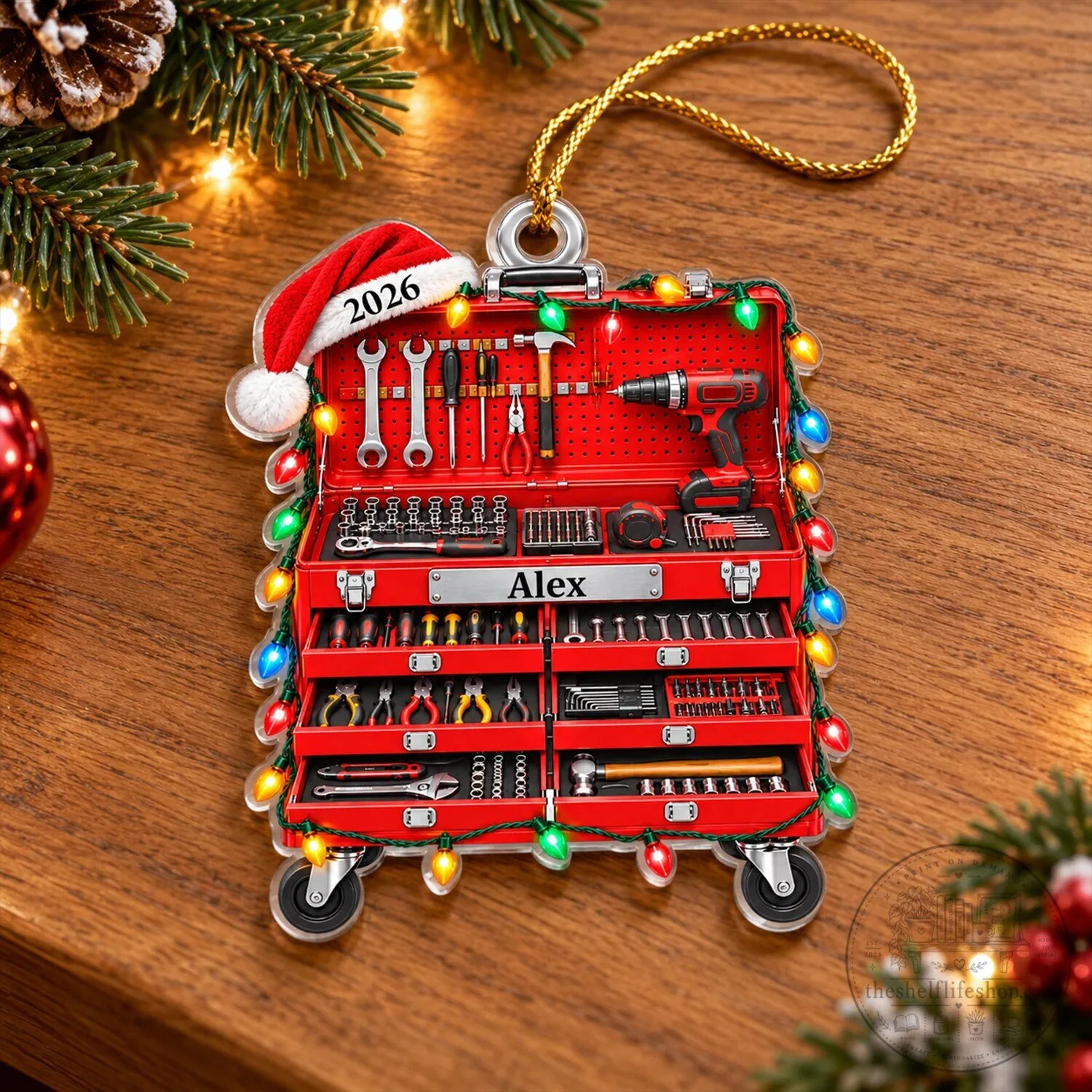 Personalized Red Tool Box Christmas Tree Ornament with Santa Hat and Lights 10 Personalized Red Tool Box Christmas Tree Ornament with Santa Hat and Lights