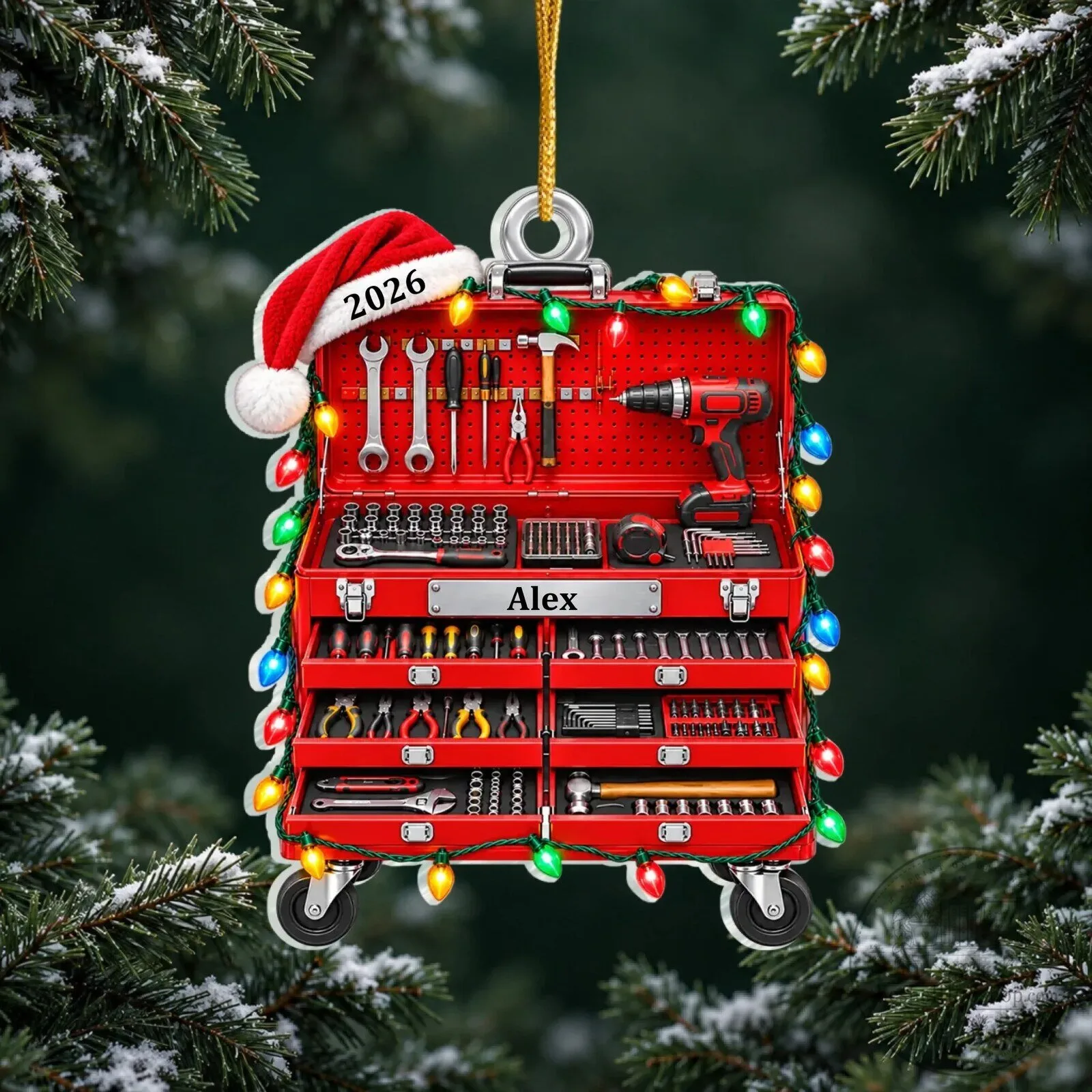Personalized Red Tool Box Christmas Tree Ornament with Santa Hat and Lights 11 Personalized Red Tool Box Christmas Tree Ornament with Santa Hat and Lights