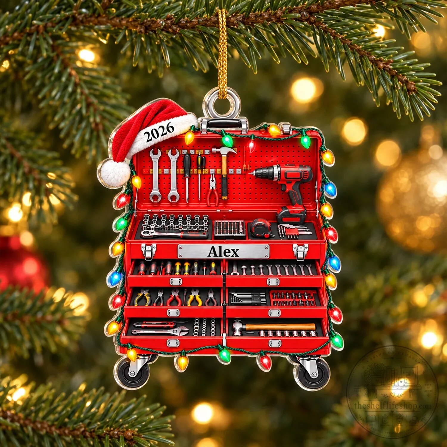Personalized Red Tool Box Christmas Tree Ornament with Santa Hat and Lights 12 Personalized Red Tool Box Christmas Tree Ornament with Santa Hat and Lights