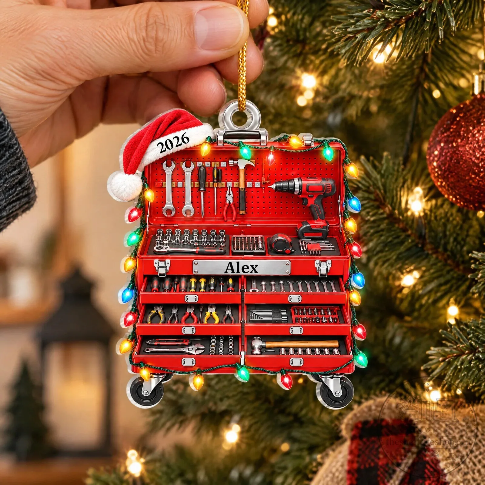 Personalized Red Tool Box Christmas Tree Ornament with Santa Hat and Lights 13 Personalized Red Tool Box Christmas Tree Ornament with Santa Hat and Lights